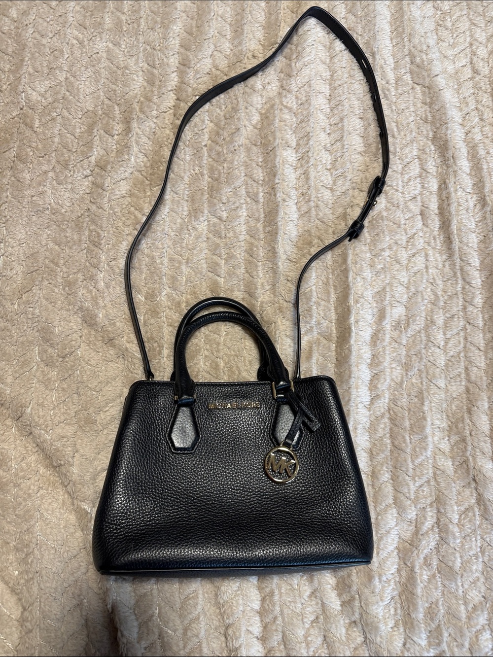 Michael Kors Black Pebbled Leather Satchel with MK Charm